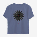 Oztra Vigil steel blue oversized tee, front view showing the Vigil print