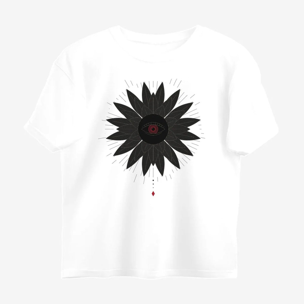 Oztra Vigil white oversized tee, front view showing the Vigil print
