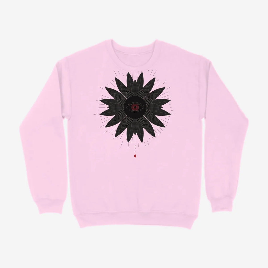 Oztra Vigil baby pink sweatshirt, front view showing the Vigil print