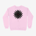 Oztra Vigil baby pink sweatshirt, front view showing the Vigil print