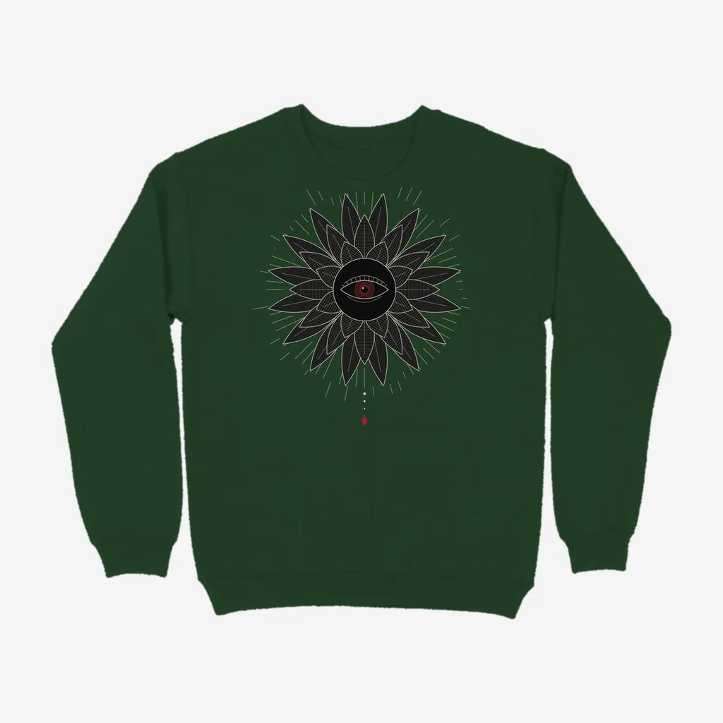 Oztra Vigil bottle green sweatshirt, front view showing the Vigil print