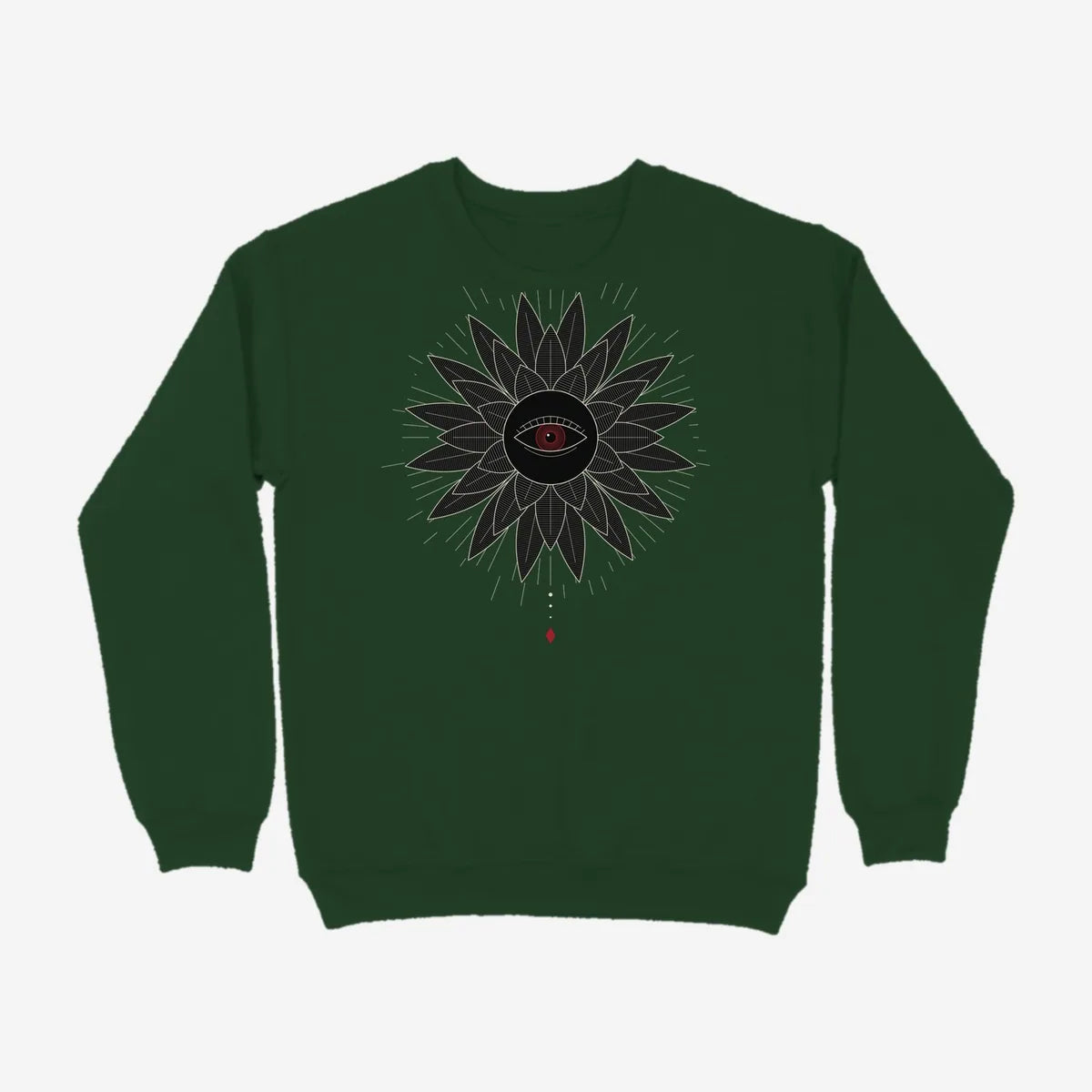 Oztra Vigil bottle green sweatshirt, front view showing the Vigil print