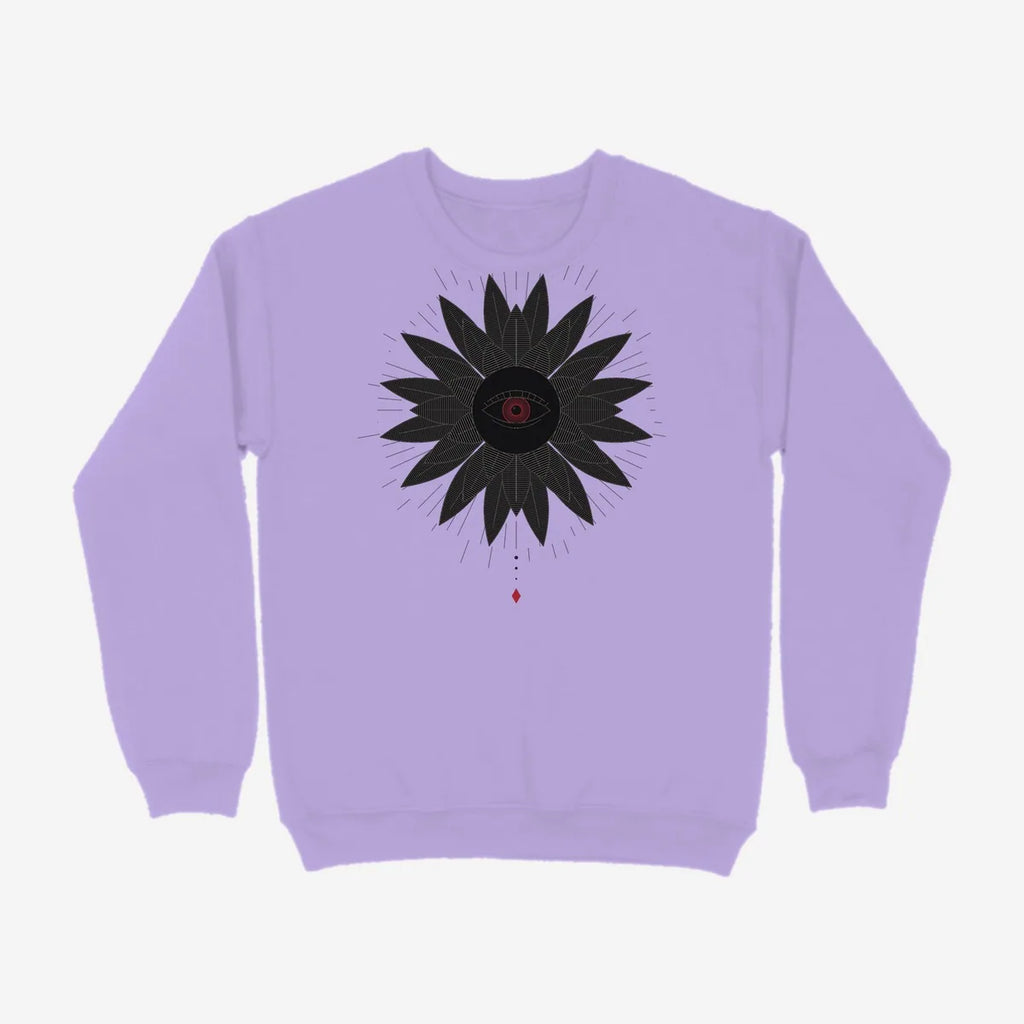 Oztra Vigil lavender sweatshirt, front view showing the Vigil print