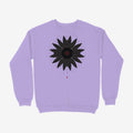 Oztra Vigil lavender sweatshirt, front view showing the Vigil print