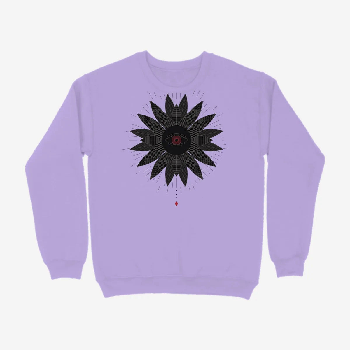 Oztra Vigil lavender sweatshirt, front view showing the Vigil print