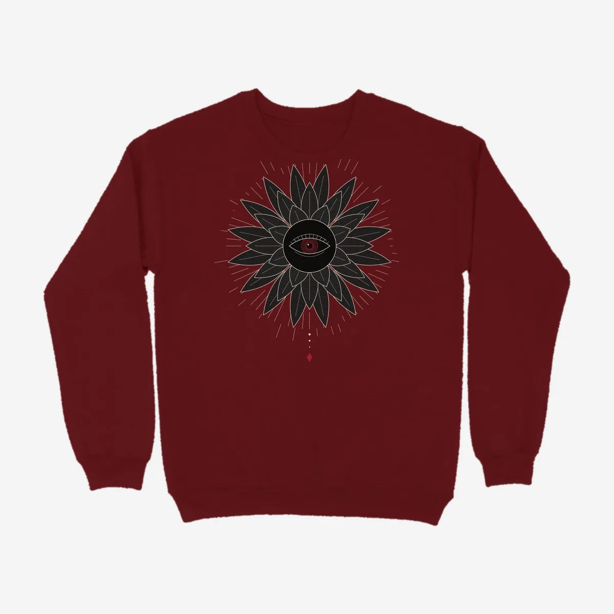 Oztra Vigil maroon sweatshirt, front view showing the Vigil print