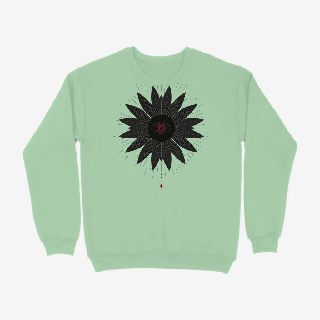 Oztra Vigil mint sweatshirt, front view showing the Vigil print