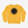 Oztra Vigil mustard sweatshirt, front view showing the Vigil print