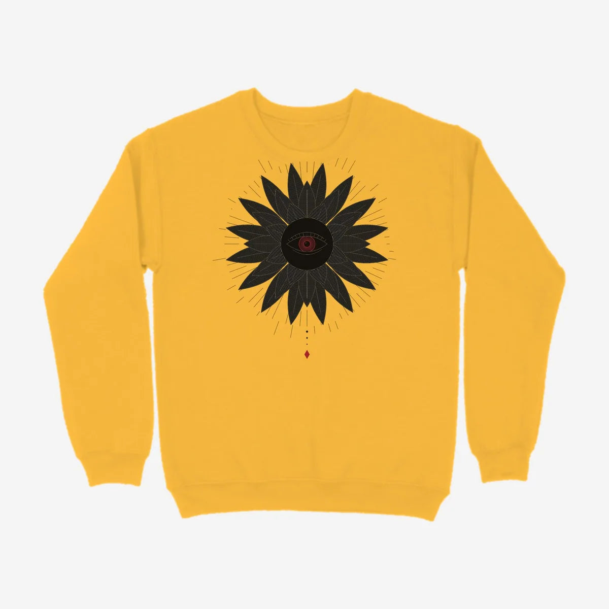 Oztra Vigil mustard sweatshirt, front view showing the Vigil print