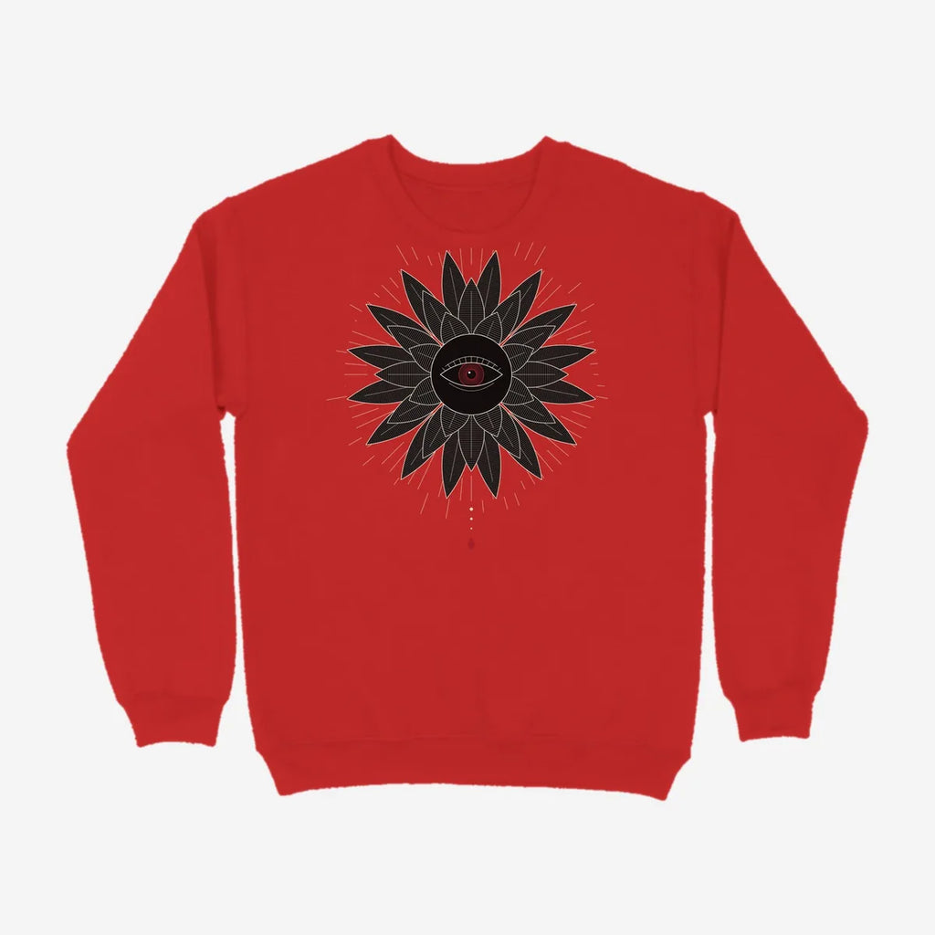 Oztra Vigil red sweatshirt, front view showing the Vigil print