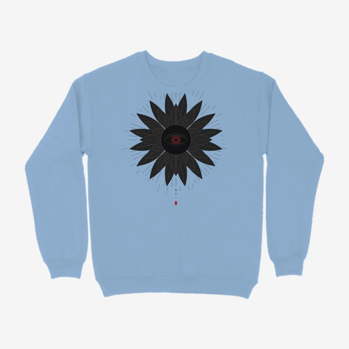 Oztra Vigil sky blue sweatshirt, front view showing the Vigil print