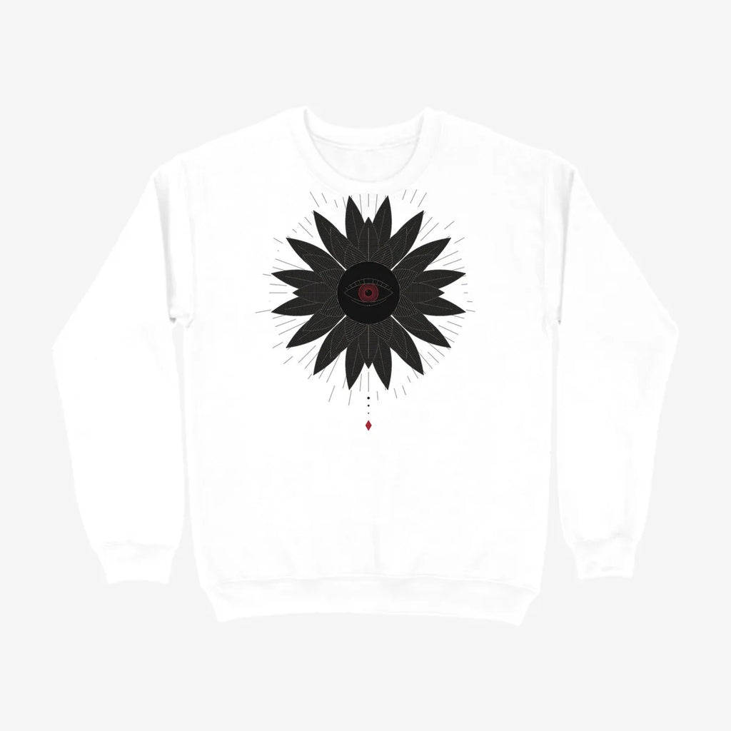 Oztra Vigil white sweatshirt, front view showing the Vigil print
