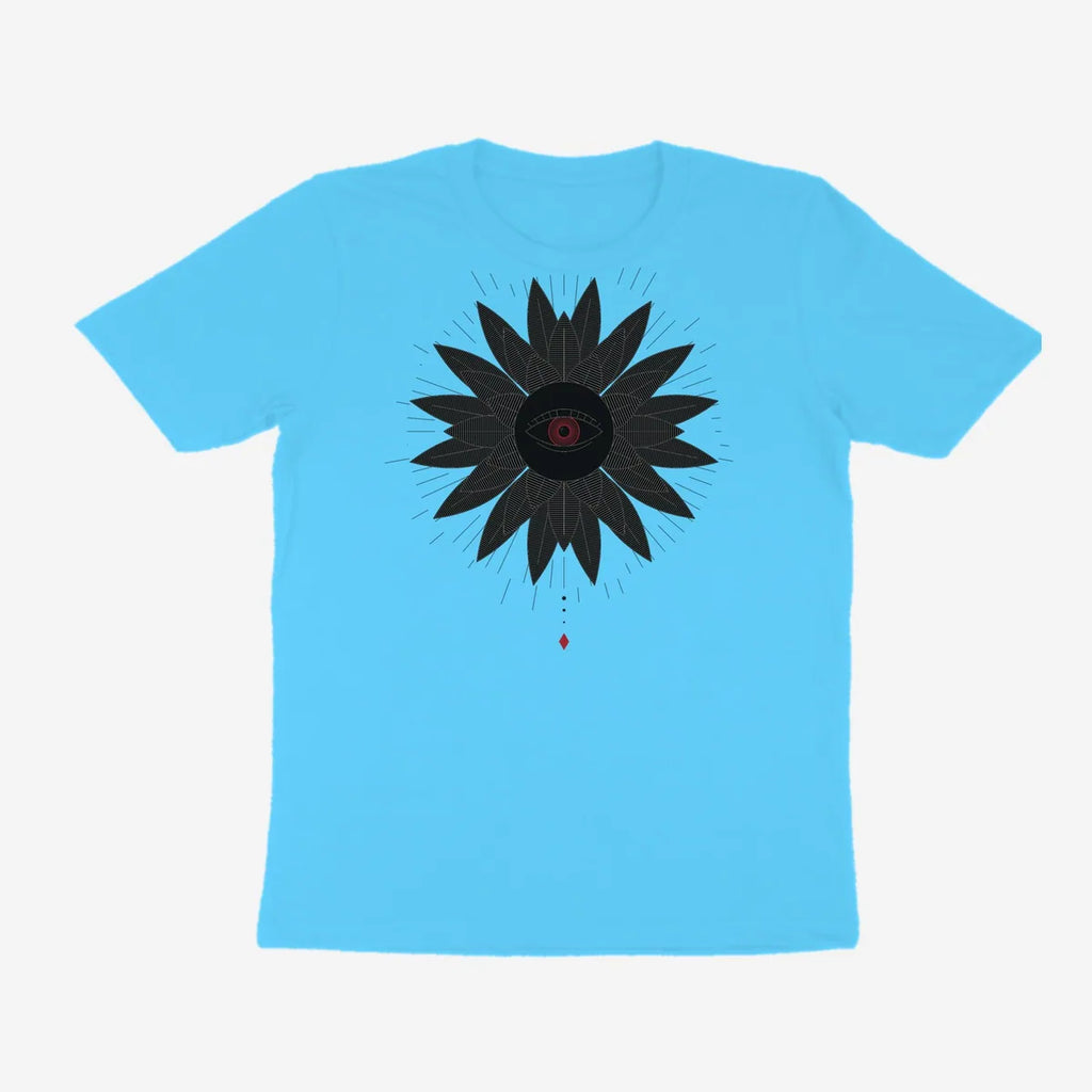 Oztra Vigil aqua blue tee, front view showing the Vigil print