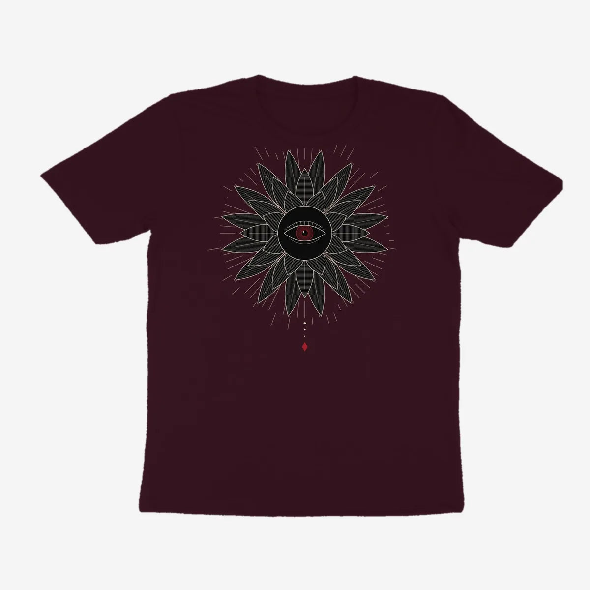 Oztra Vigil aubergine tee, front view showing the Vigil print