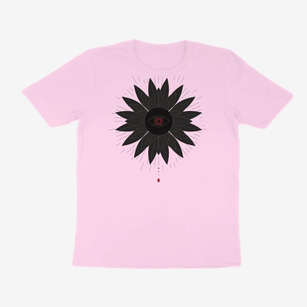 Oztra Vigil baby pink tee, front view showing the Vigil print