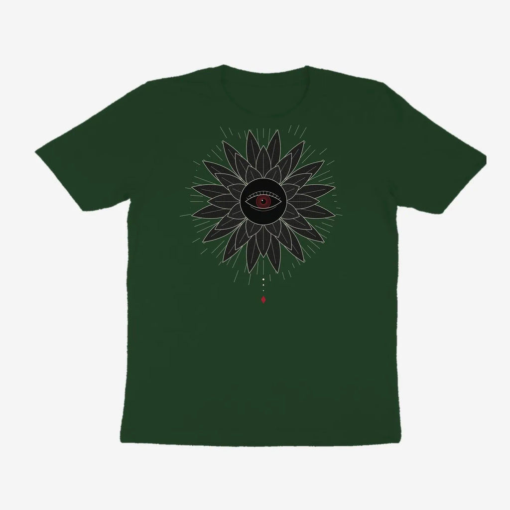 Oztra Vigil bottle green tee, front view showing the Vigil print