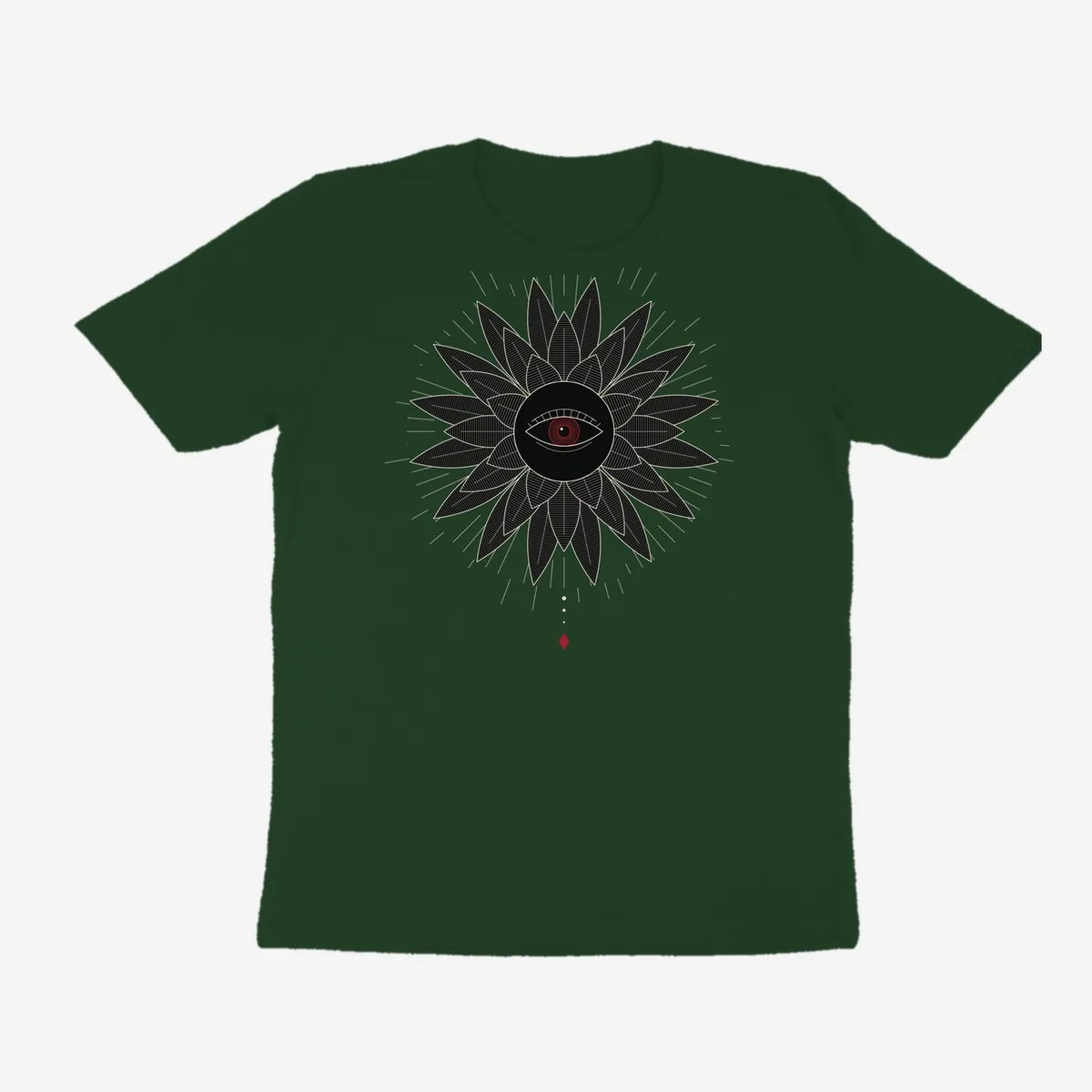 Oztra Vigil bottle green tee, front view showing the Vigil print