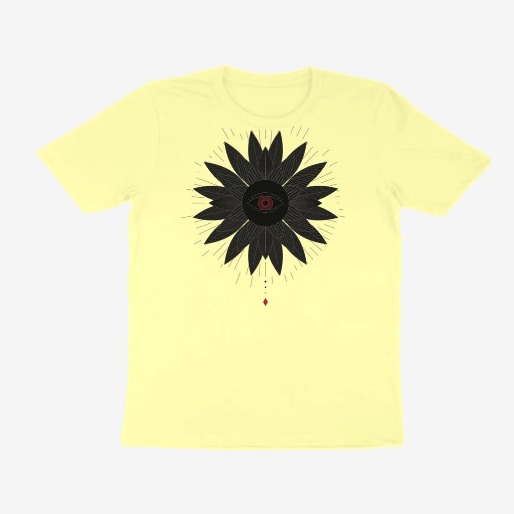 Oztra Vigil butter yellow tee, front view showing the Vigil print