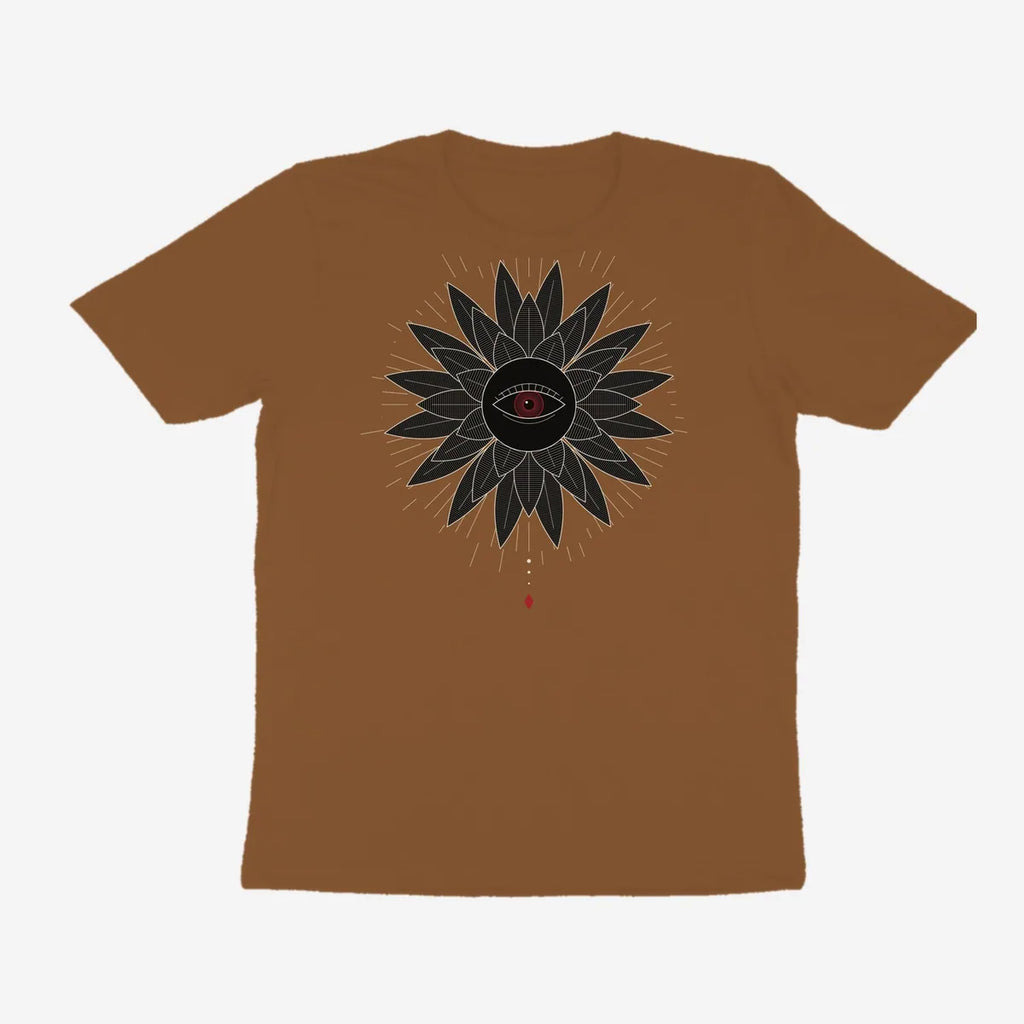 Oztra Vigil caramel tee, front view showing the Vigil print