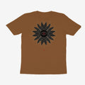 Oztra Vigil caramel tee, front view showing the Vigil print