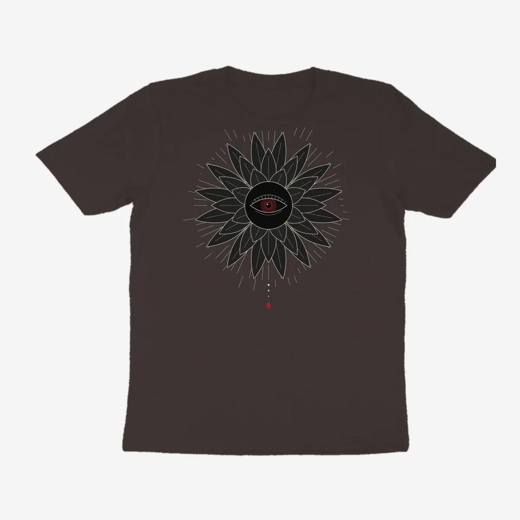 Oztra Vigil charcoal tee, front view showing the Vigil print