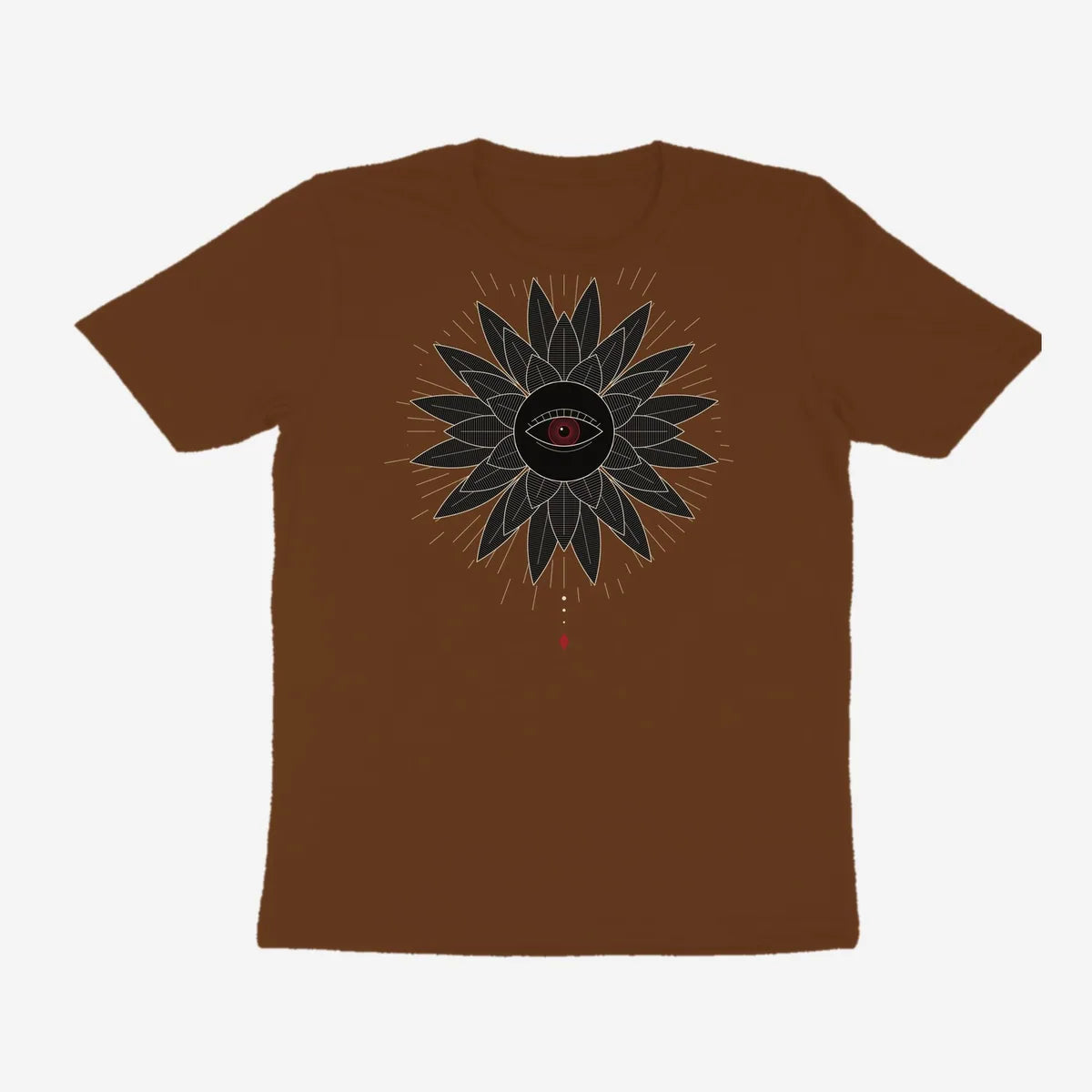 Oztra Vigil coffee brown tee, front view showing the Vigil print
