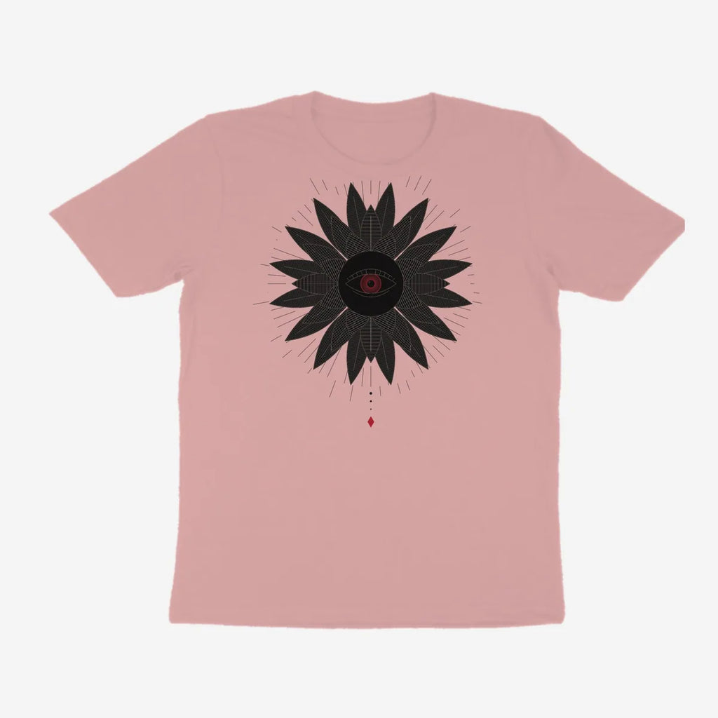 Oztra Vigil dusty pink tee, front view showing the Vigil print