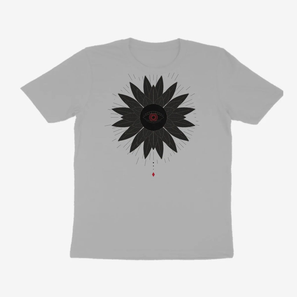 Oztra Vigil grey melange tee, front view showing the Vigil print