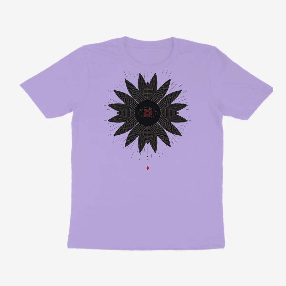Oztra Vigil lavender tee, front view showing the Vigil print