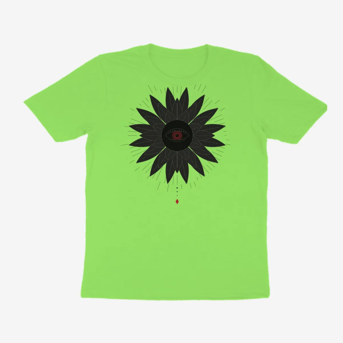 Oztra Vigil lime green tee, front view showing the Vigil print
