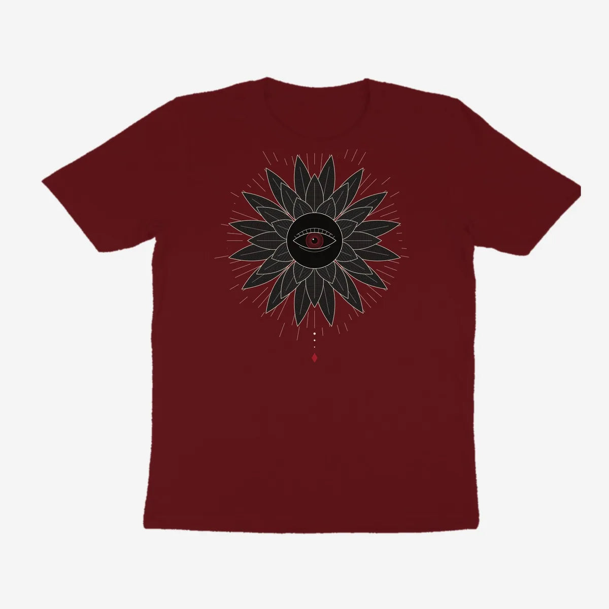Oztra Vigil maroon tee, front view showing the Vigil print