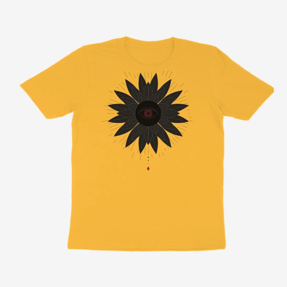 Oztra Vigil mustard tee, front view showing the Vigil print
