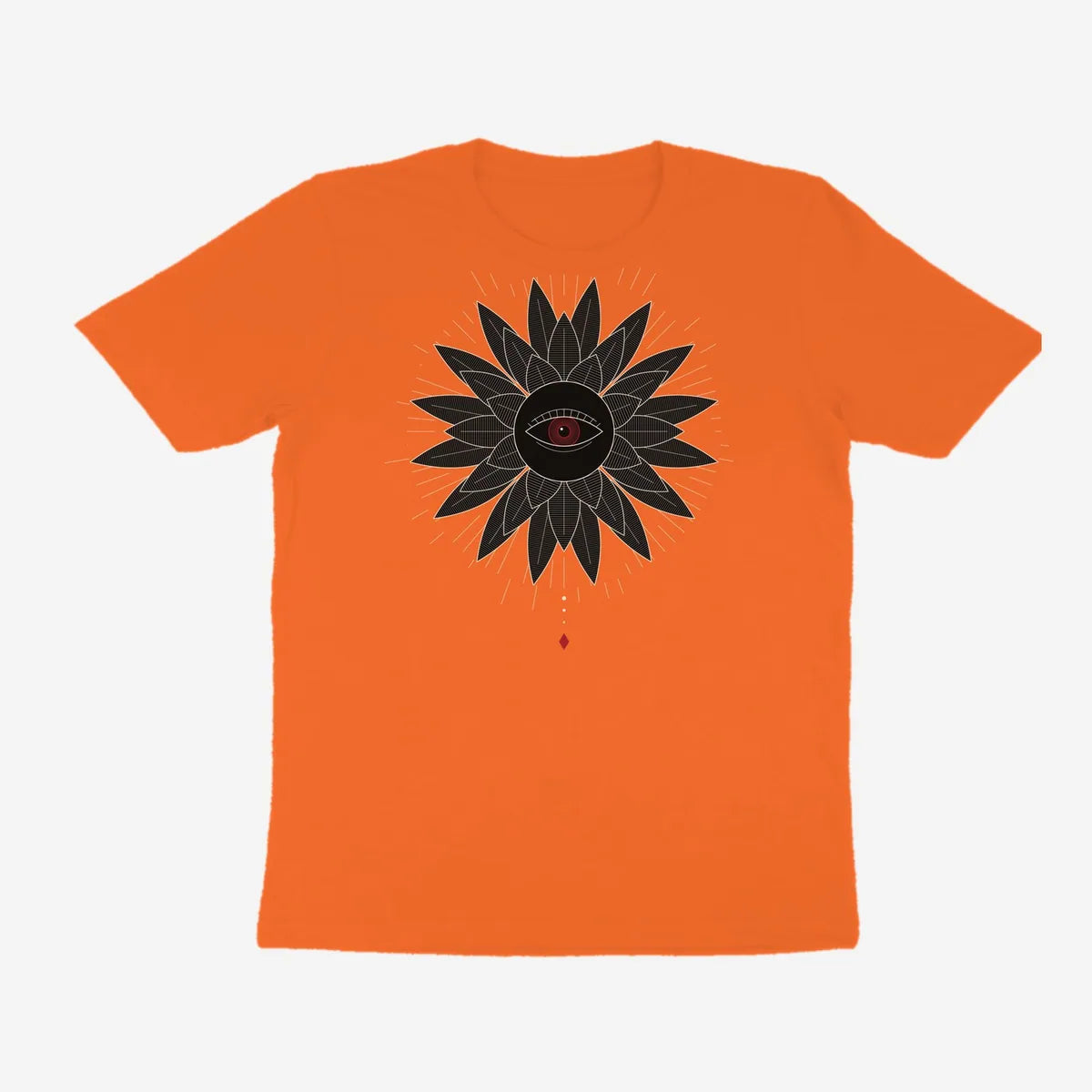 Oztra Vigil orange tee, front view showing the Vigil print