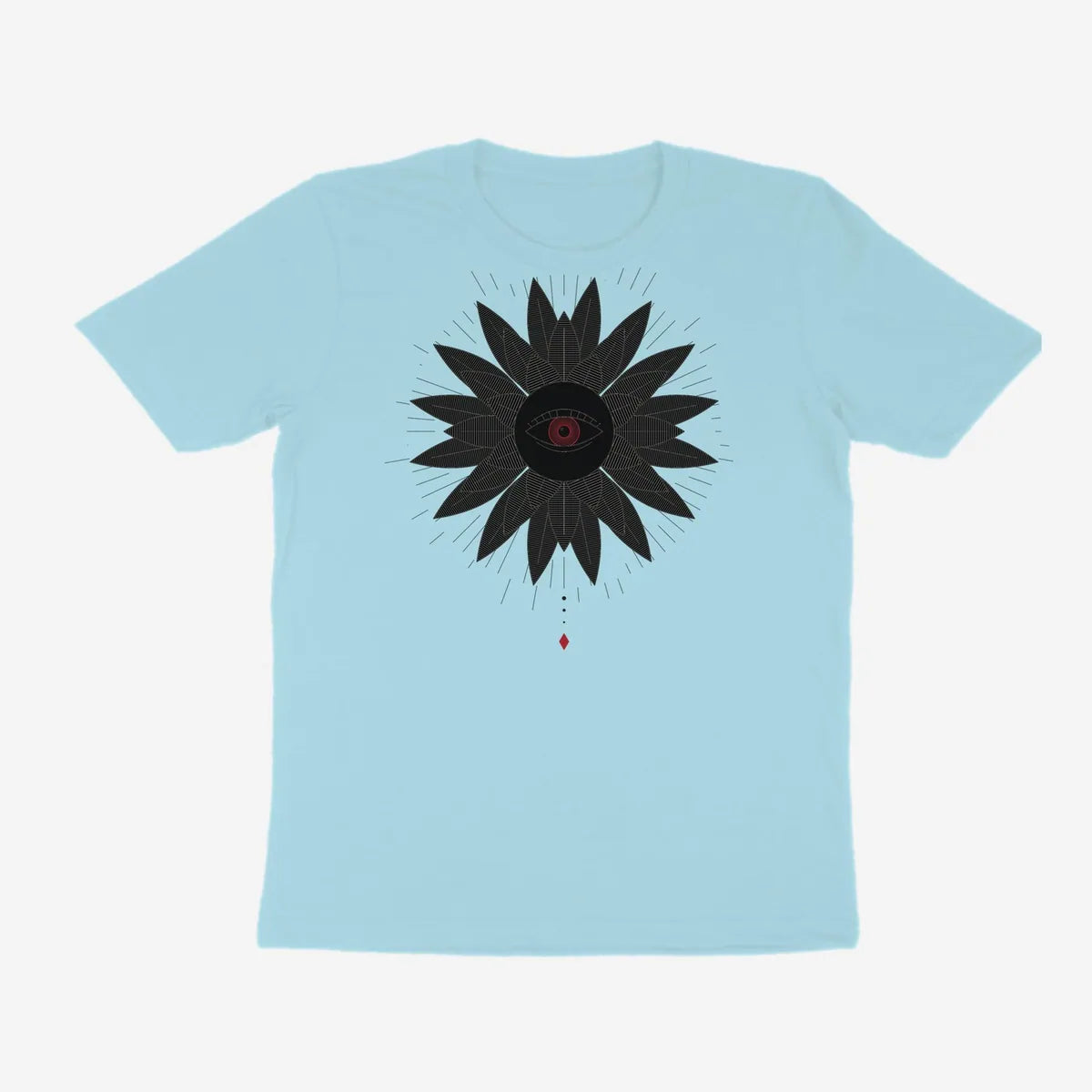 Oztra Vigil powder blue tee, front view showing the Vigil print