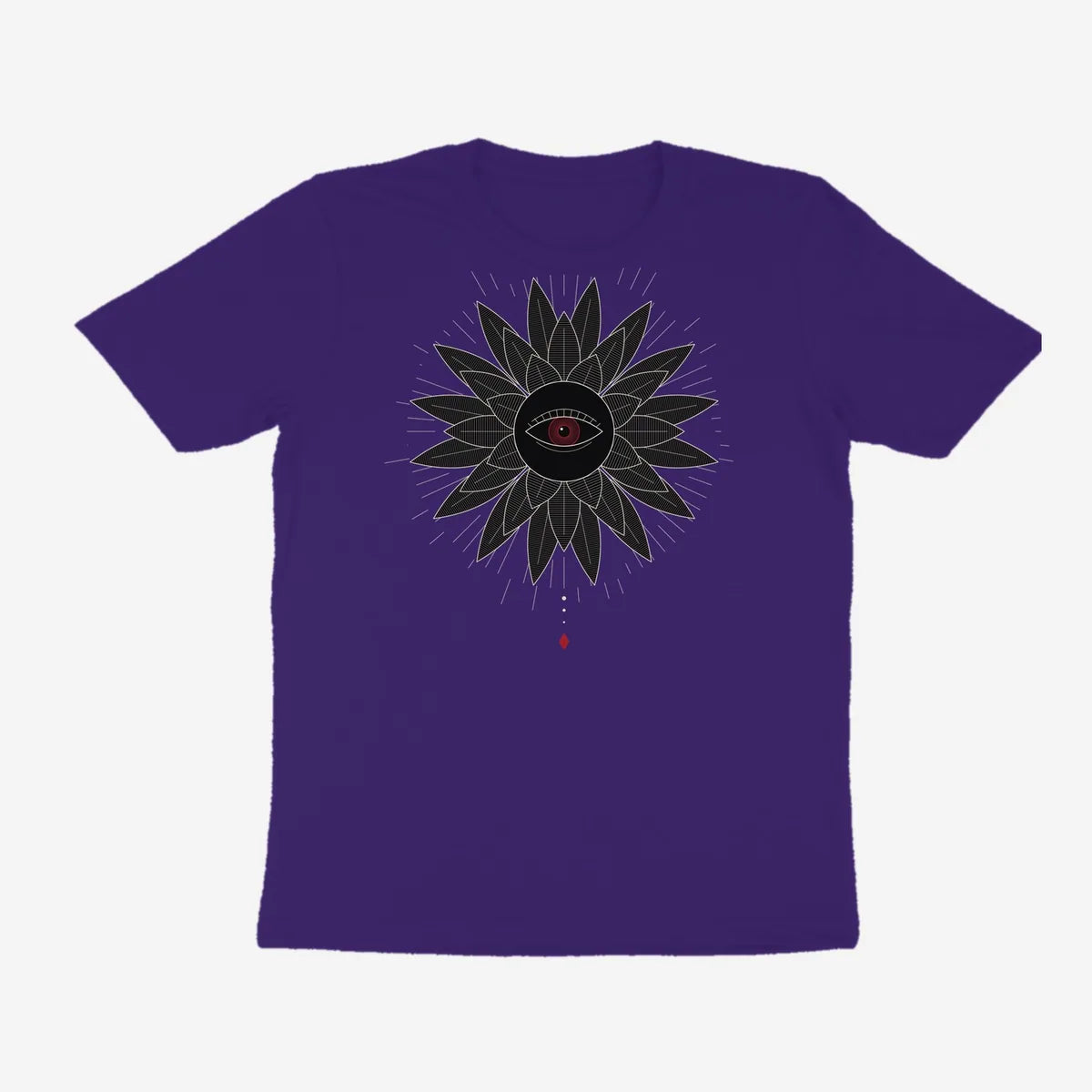 Oztra Vigil purple tee, front view showing the Vigil print
