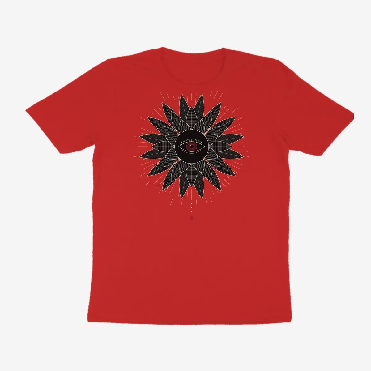 Oztra Vigil red tee, front view showing the Vigil print