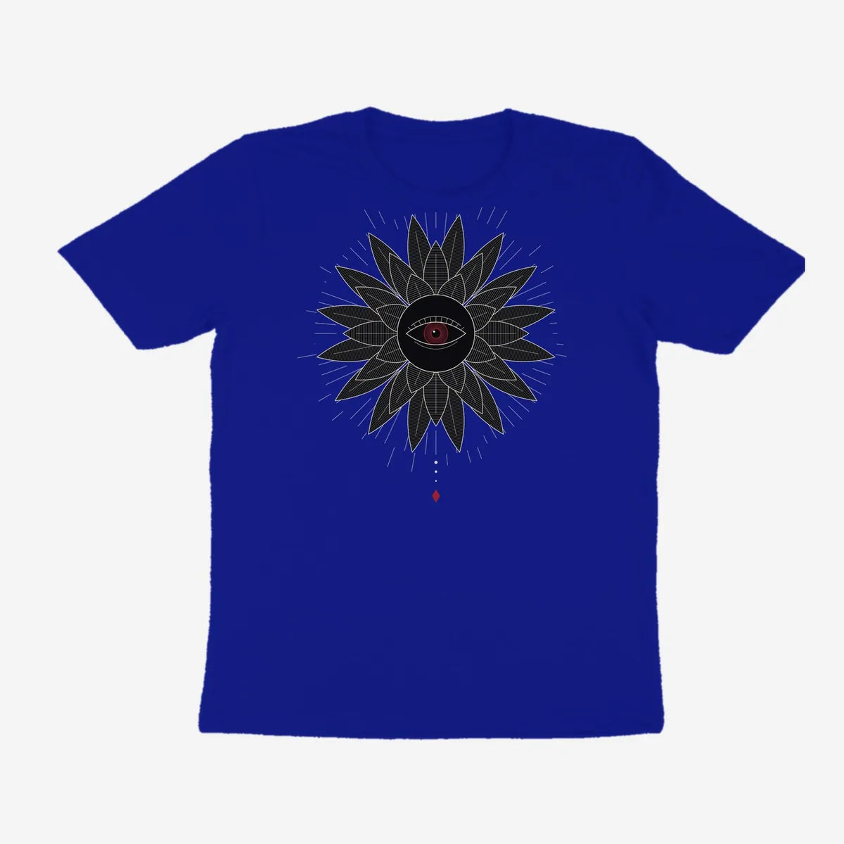 Oztra Vigil royal blue tee, front view showing the Vigil print