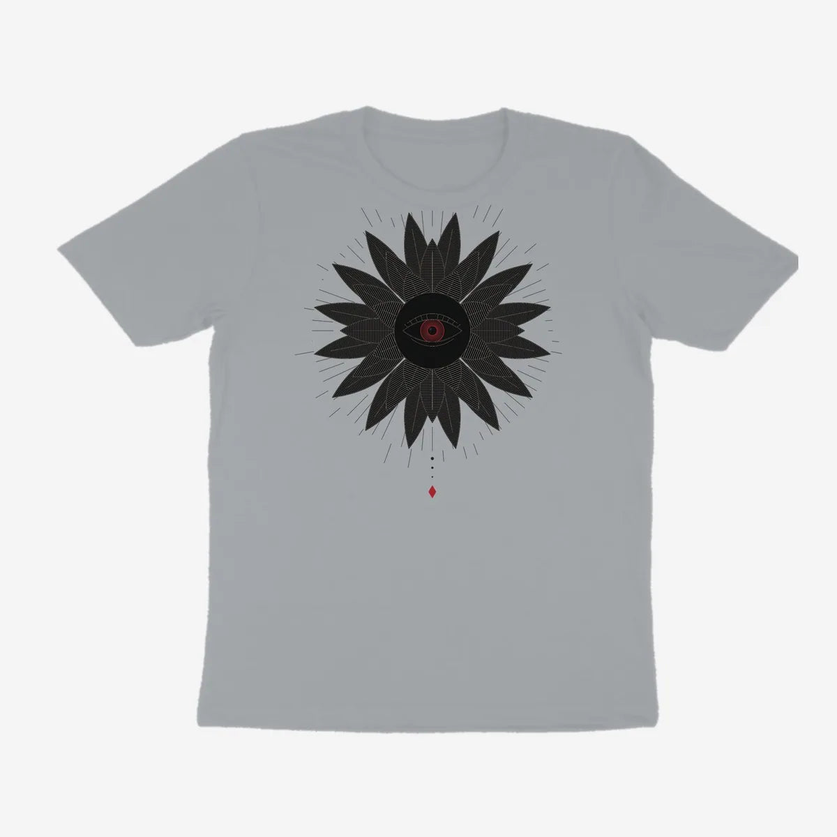 Oztra Vigil silver grey tee, front view showing the Vigil print