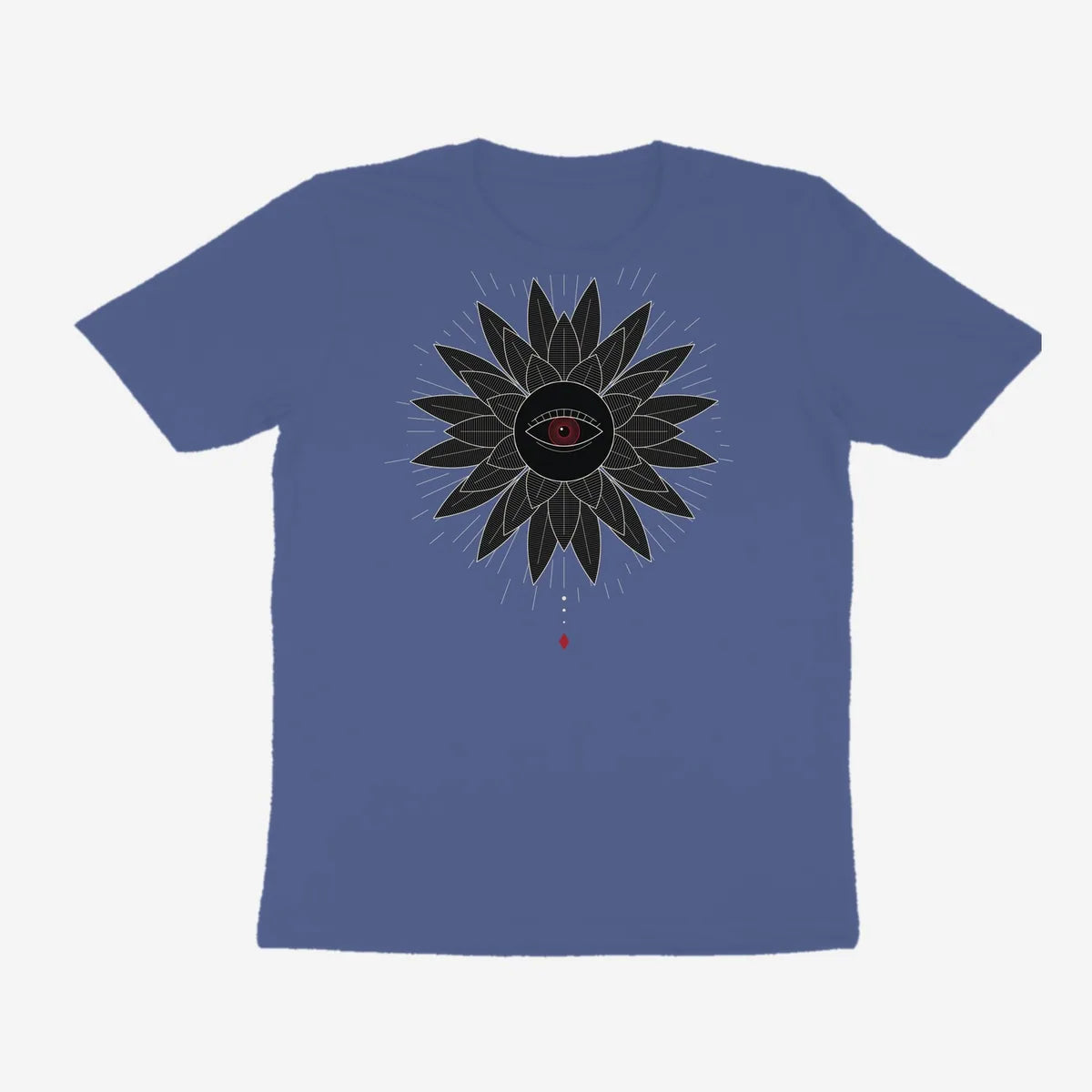 Oztra Vigil slate blue tee, front view showing the Vigil print
