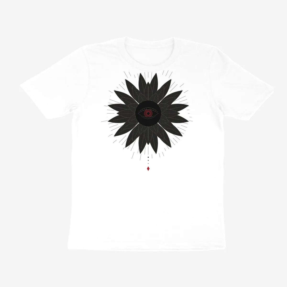 Oztra Vigil white tee, front view showing the Vigil print