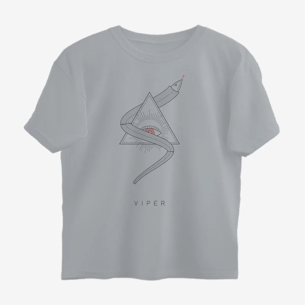 Oztra Viper grey melange oversized tee, front view showing the Viper print