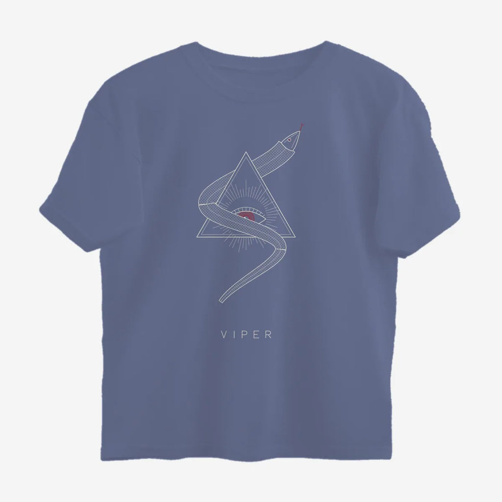 Oztra Viper steel blue oversized tee, front view showing the Viper print