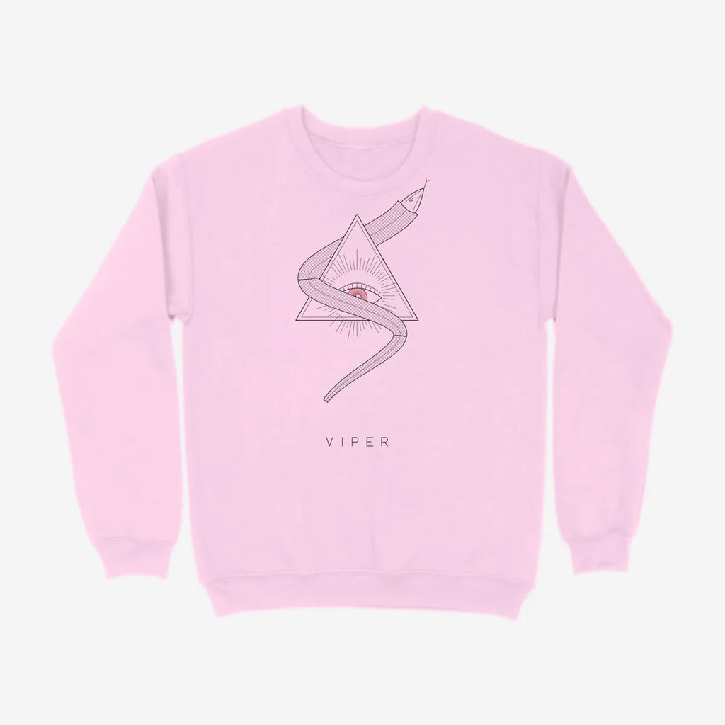 Oztra Viper baby pink sweatshirt, front view showing the Viper print