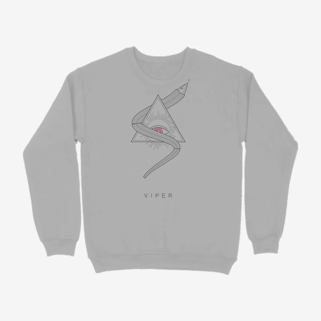 Oztra Viper grey melange sweatshirt, front view showing the Viper print