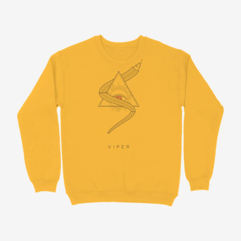 Oztra Viper mustard sweatshirt, front view showing the Viper print