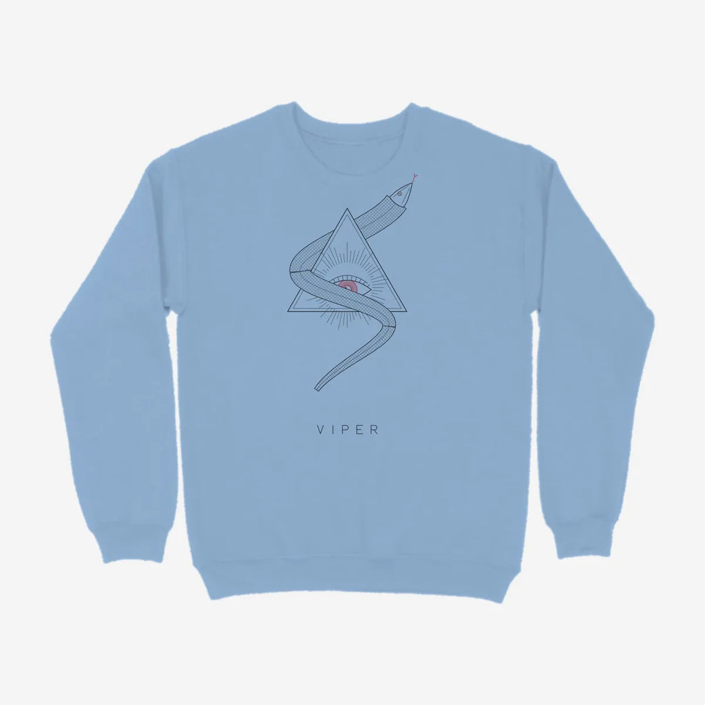 Oztra Viper sky blue sweatshirt, front view showing the Viper print