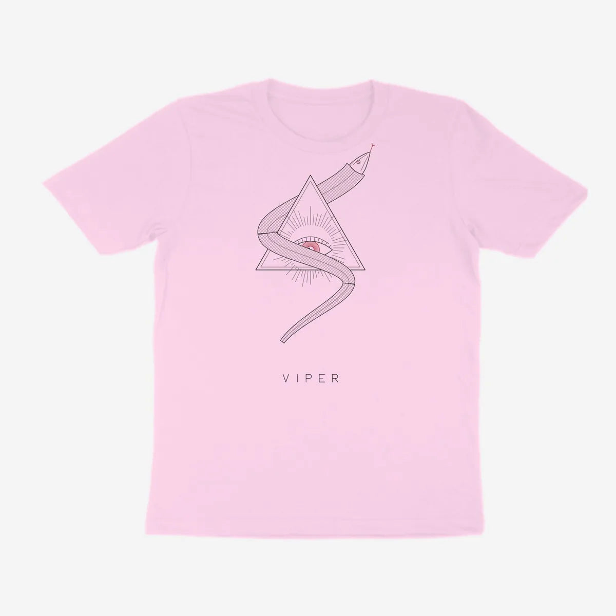 Oztra Viper baby pink tee, front view showing the Viper print