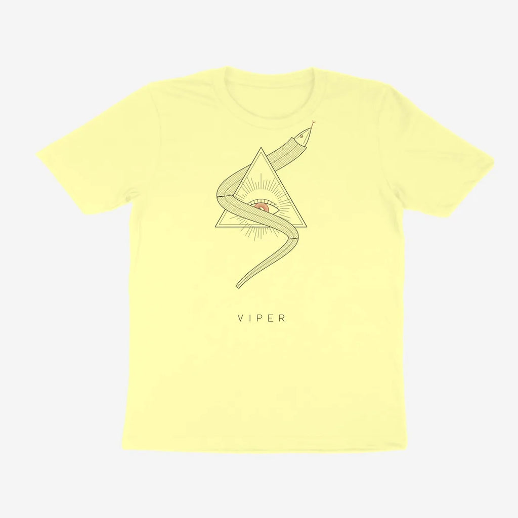 Oztra Viper butter yellow tee, front view showing the Viper print