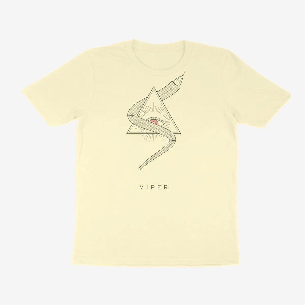 Oztra Viper cream tee, front view showing the Viper print